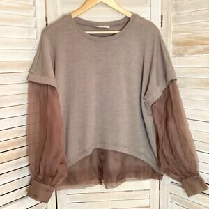 Helene Galwas Chiara Heather Mushroom Wool Silk Organza Sleeve Sweater S $396